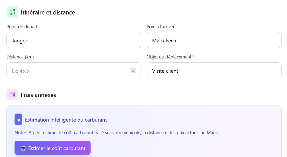 Interface de gestion des frais kilométriques Qweero